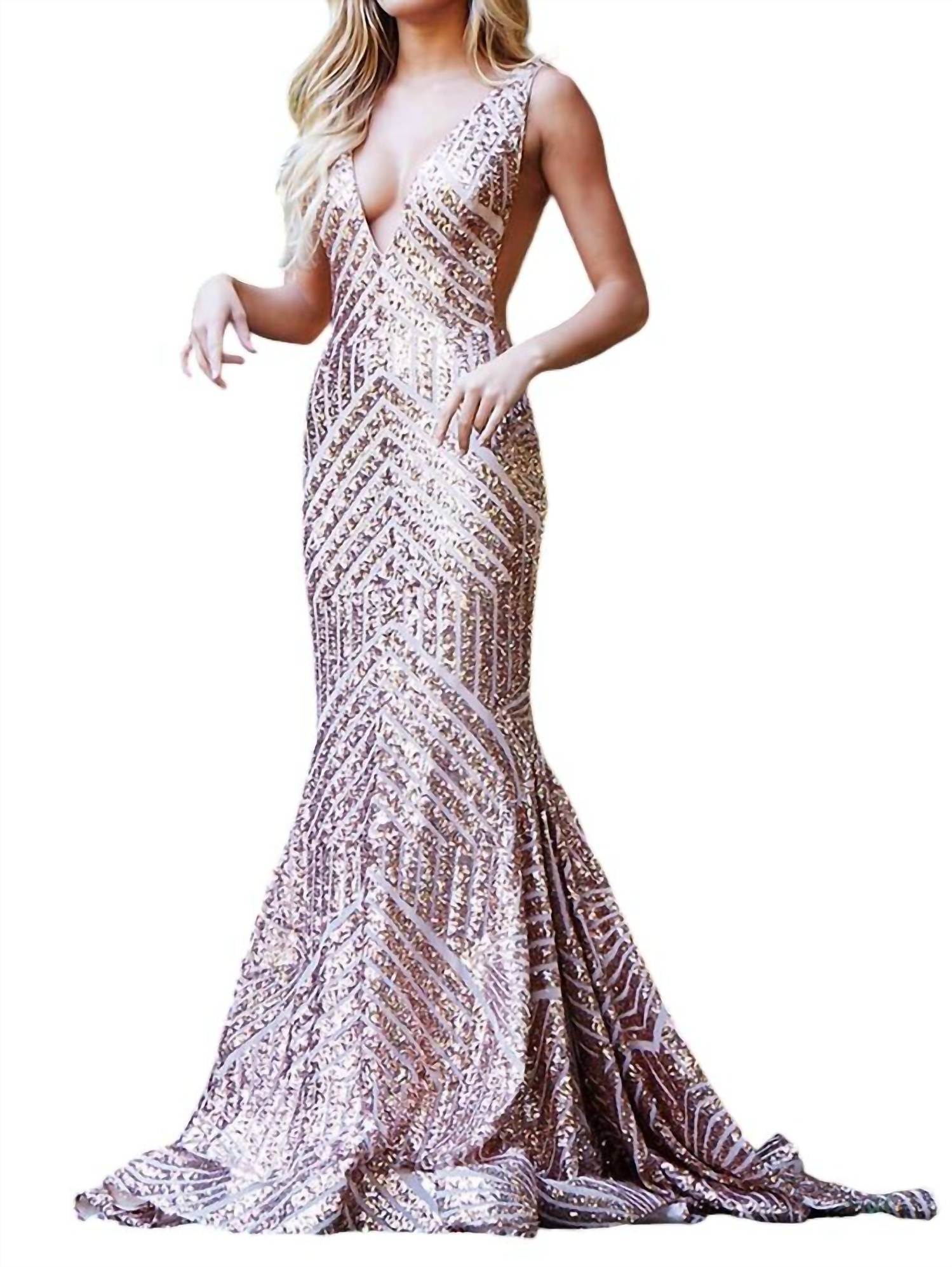 Платье с V-образным вырезом, украшенное пайетками, в цвете розового золота JOVANI
Платье с V-образным вырезом, украшенное пайетками, в цвете розового золота JOVANI