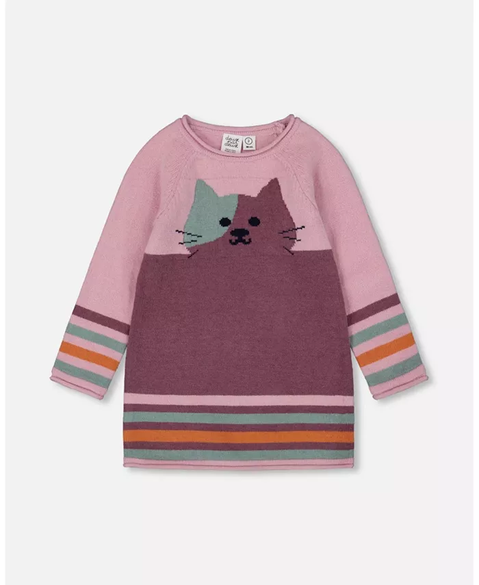 Вязаное платье для больших девочек, пыльно-розовое с котом Deux par Deux, розовый