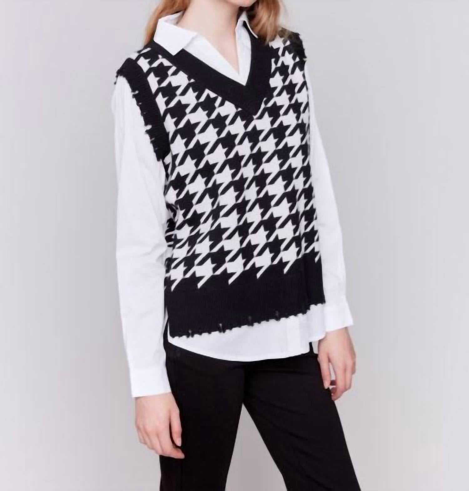 Рубашка с воротником из поплина Fuller Vest с узором «гусиная лапка» в черном и белом цвете CHARLIE B
Рубашка с воротником из поплина Fuller Vest с узором «гусиная лапка» в черном и белом цвете CHARLIE B