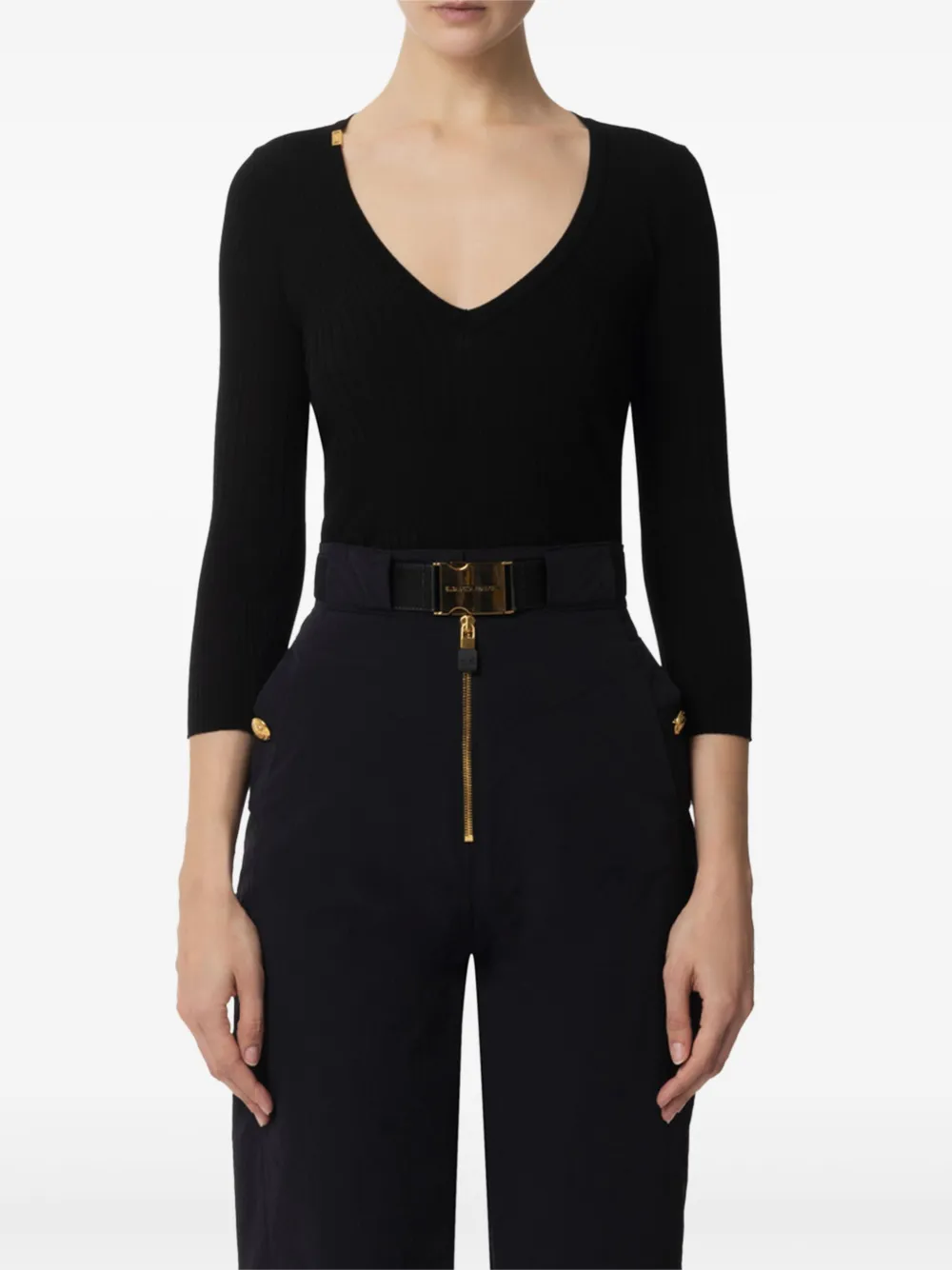 Свитер в рубчик с V-образным вырезом Elisabetta Franchi, черный 
Свитер в рубчик с V-образным вырезом Elisabetta Franchi, черный