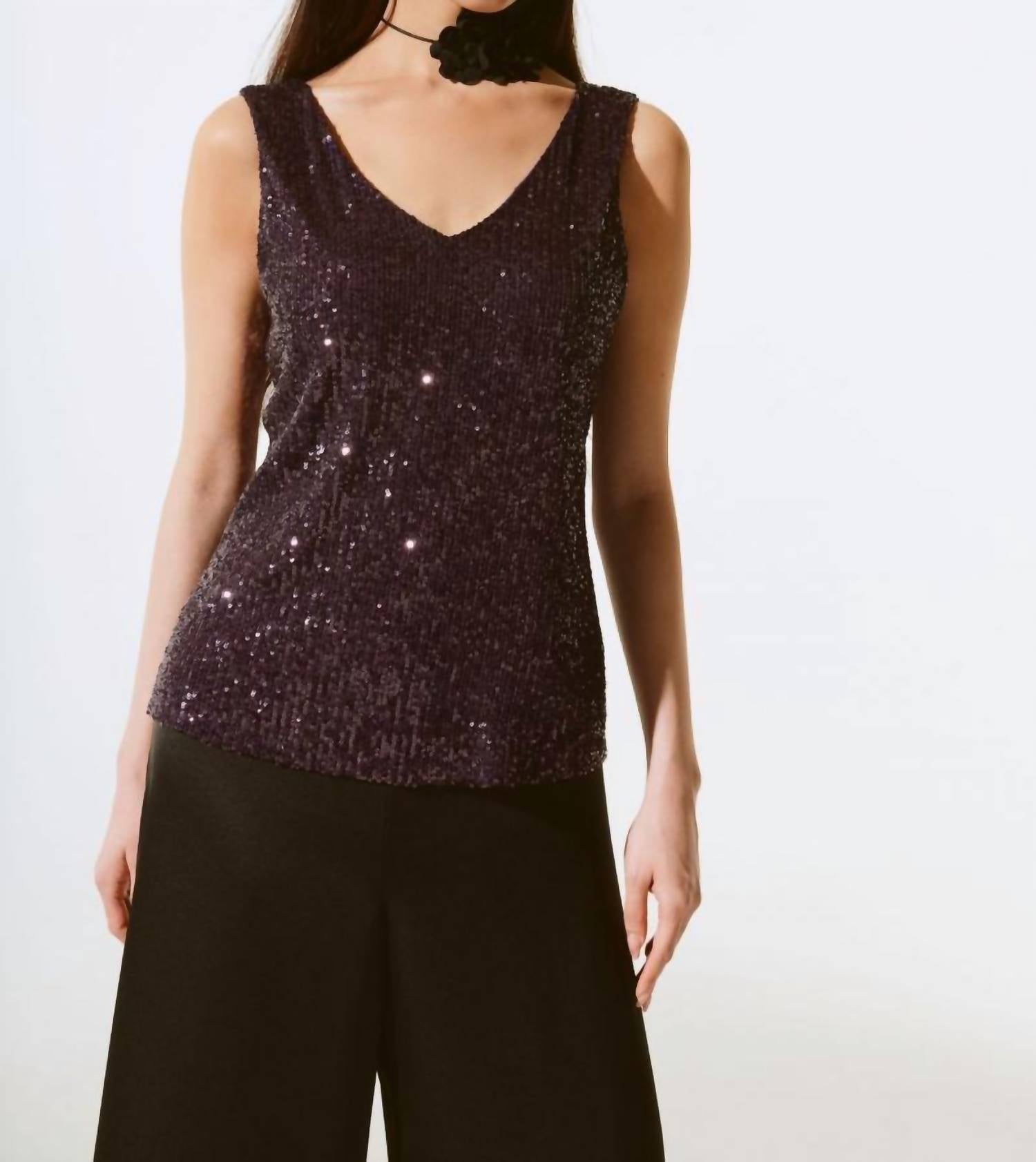 Черносмородиновый топ с V-вырезом и пайетками Joseph Ribkoff 
Черносмородиновый топ с V-вырезом и пайетками Joseph Ribkoff