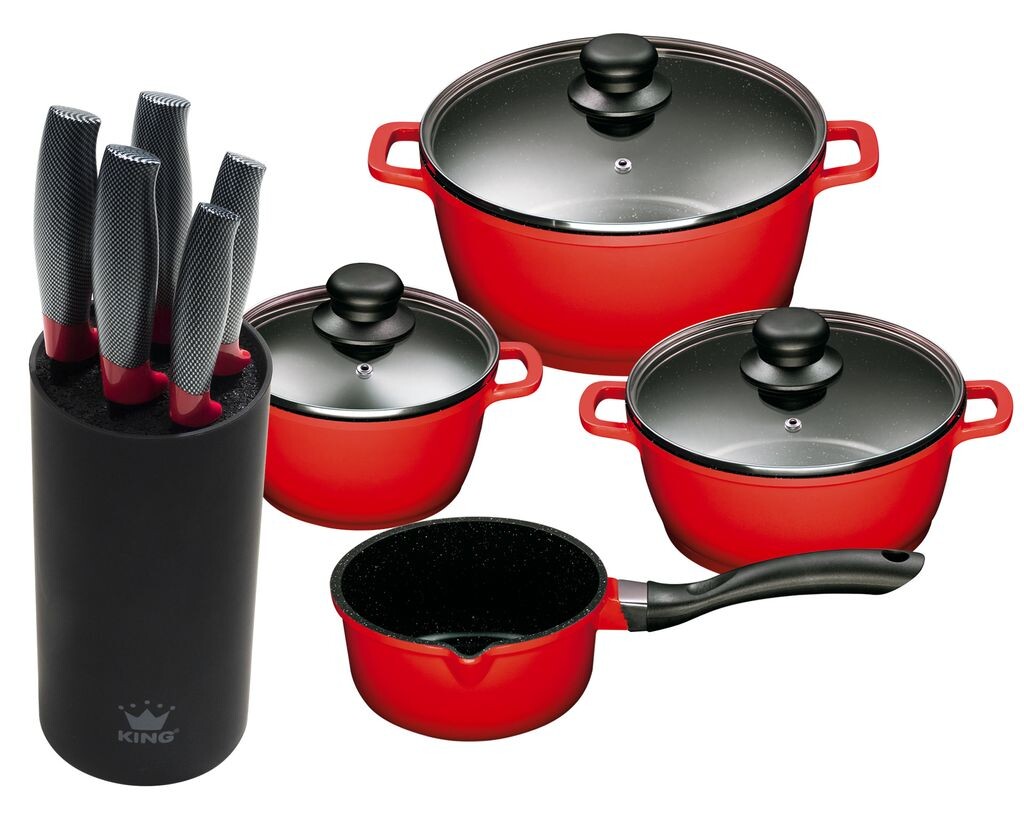 10 кусочков Набор KING Advantage RED: 4 шт. Набор кастрюль из литого алюминия красного цвета, 3 кастрюли Ø16, Ø20, Ø24см, 1 кастрюля Ø16см + 6 предметов. Набор ножей KING CARBON RED LINE
10 кусочков Набор KING Advantage RED: 4 шт. Набор кастрюль из литого алюминия красного цвета, 3 кастрюли Ø16, Ø20, Ø24см, 1 кастрюля Ø16см + 6 предметов. Набор ножей KING CARBON RED LINE