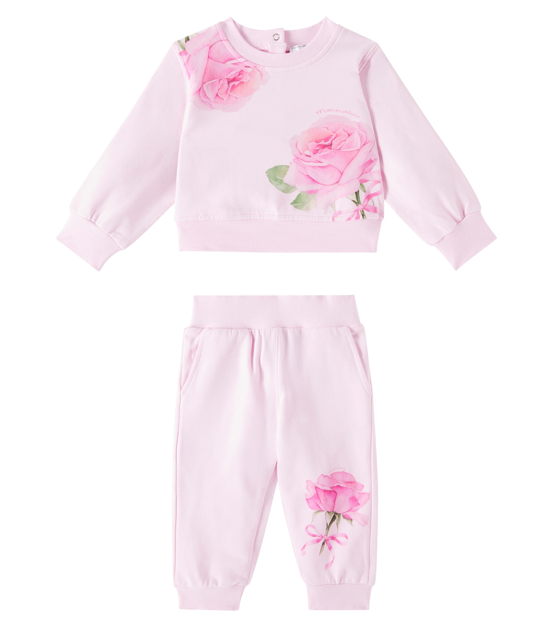 Комплект из хлопкового трикотажного свитшота и спортивных штанов с цветочным принтом для малышей Monnalisa, Rosa Fairytale 
Комплект из хлопкового трикотажного свитшота и спортивных штанов с цветочным принтом для малышей Monnalisa, Rosa Fairytale