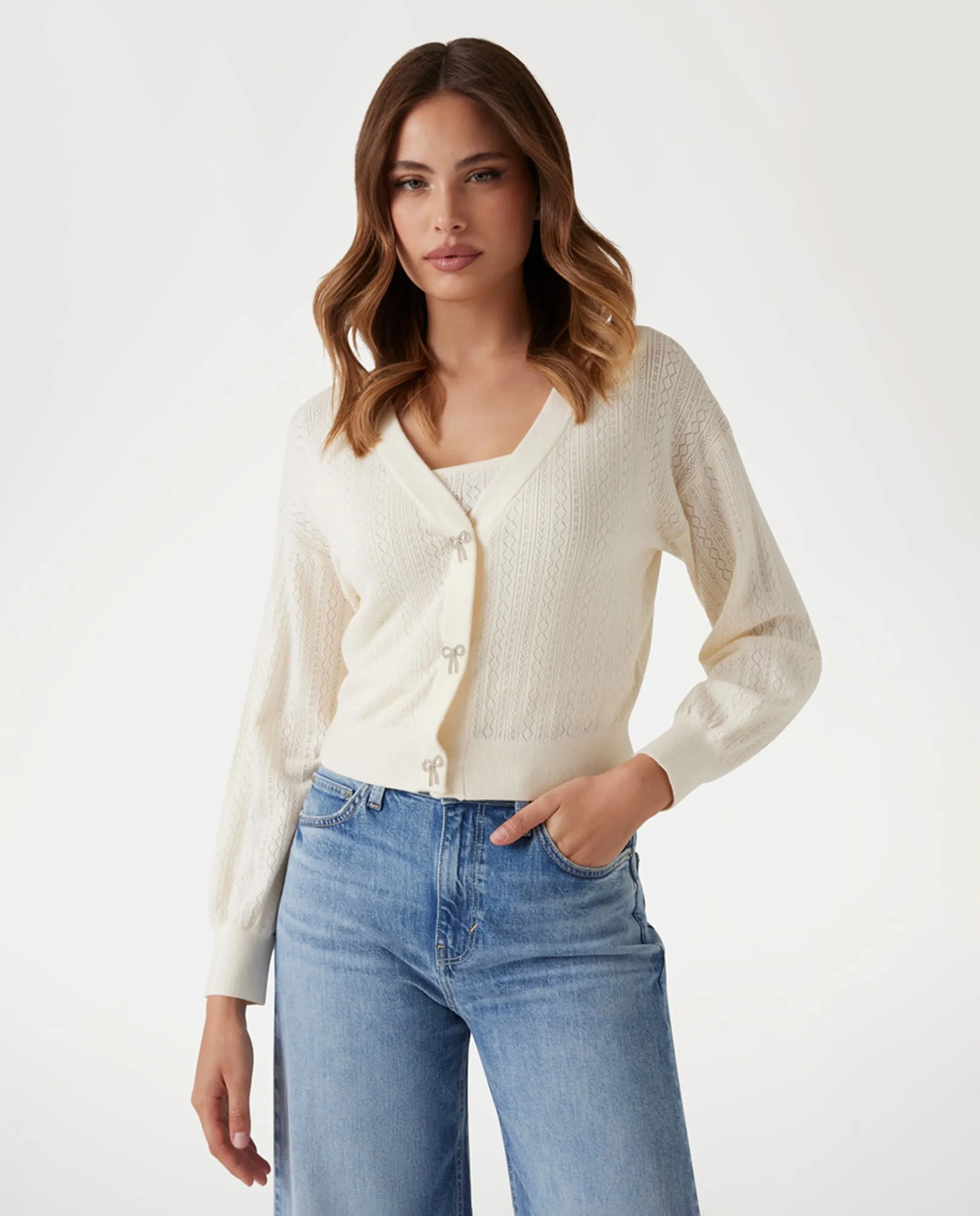 Женский вязаный кардиган с длинными рукавами Guess, белый 
Женский вязаный кардиган с длинными рукавами Guess, белый