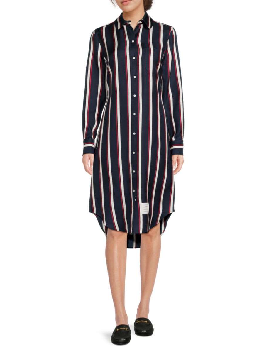 Платье-рубашка миди из шелка в полоску Thom Browne, цвет Blue Red White
Платье-рубашка миди из шелка в полоску Thom Browne, цвет Blue Red White