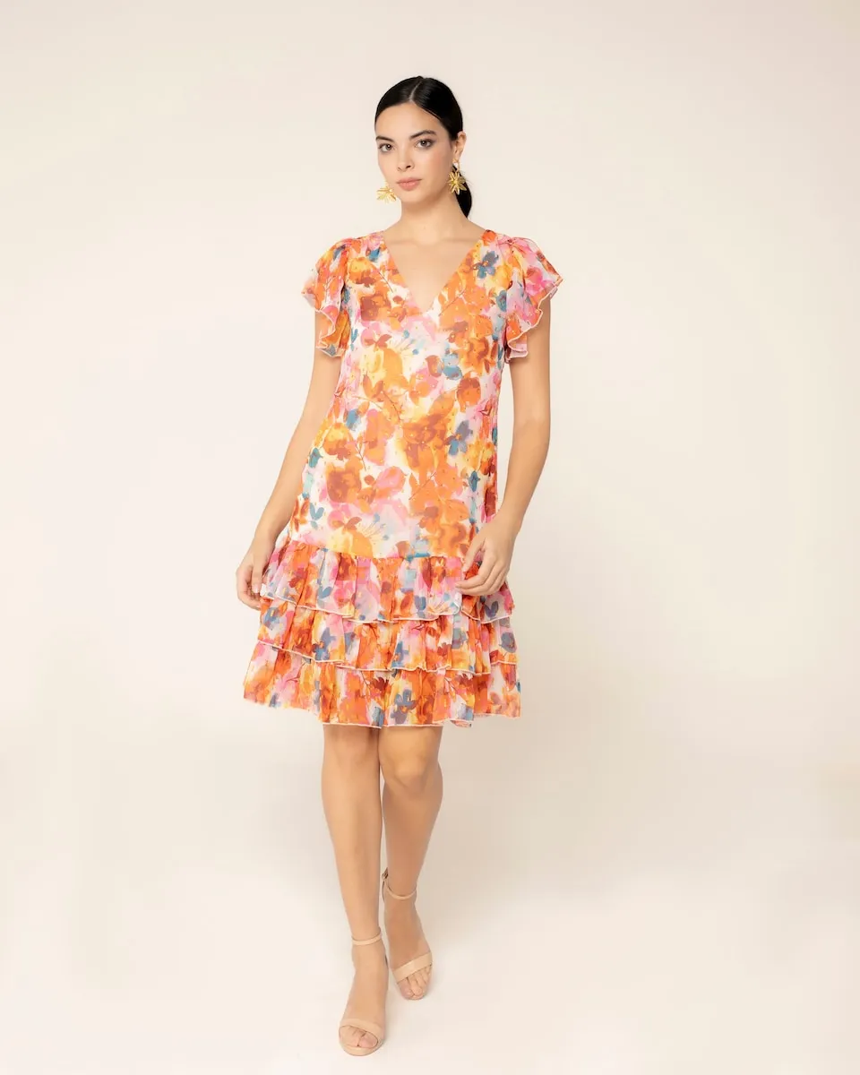 Короткое платье с оборками и металлическим принтом Niza, оранжевый 
Короткое платье с оборками и металлическим принтом Niza, оранжевый