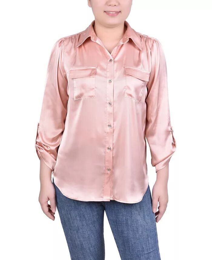 Атласная блузка Petite с длинными рукавами и вкладками NY Collection, бежевый 
Атласная блузка Petite с длинными рукавами и вкладками NY Collection, бежевый