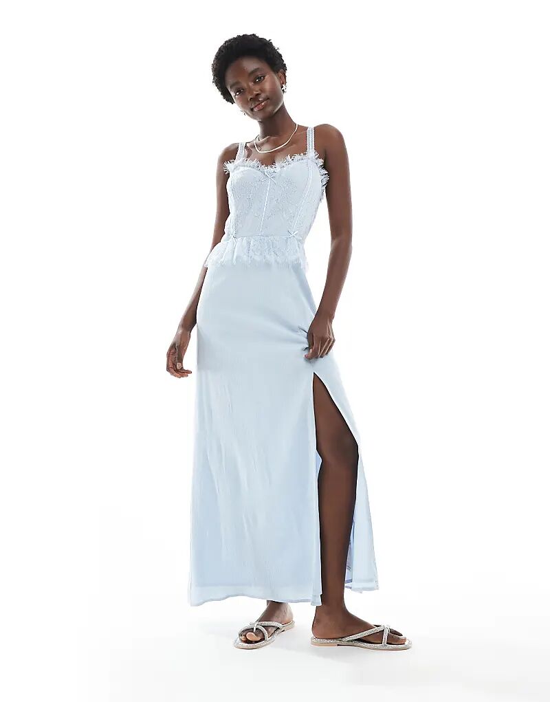 Платье-корсет макси от Miss Selfridge из марли с отделкой лентами синего цвета
Платье-корсет макси от Miss Selfridge из марли с отделкой лентами синего цвета