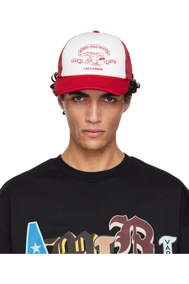 Amiri Красно-Белая кепка дальнобойщика с изображением орла «амири»
Amiri Красно-Белая кепка дальнобойщика с изображением орла «амири»
