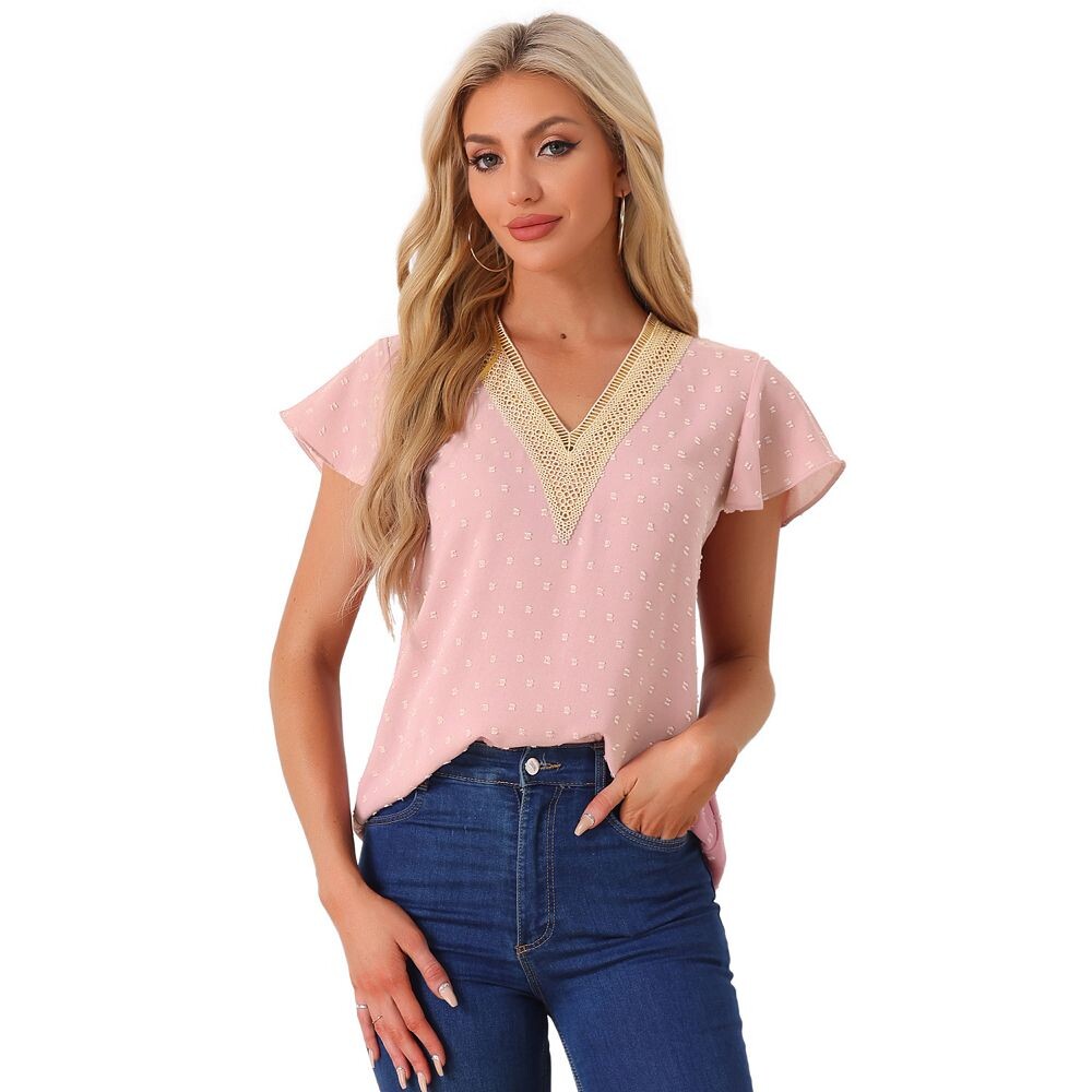 Блузка с v-образным вырезом для женщин, кружевные топы в горошек с кружевными крючками и оборками на рукавах ALLEGRA K, розовый
Блузка с v-образным вырезом для женщин, кружевные топы в горошек с кружевными крючками и оборками на рукавах ALLEGRA K, розовый