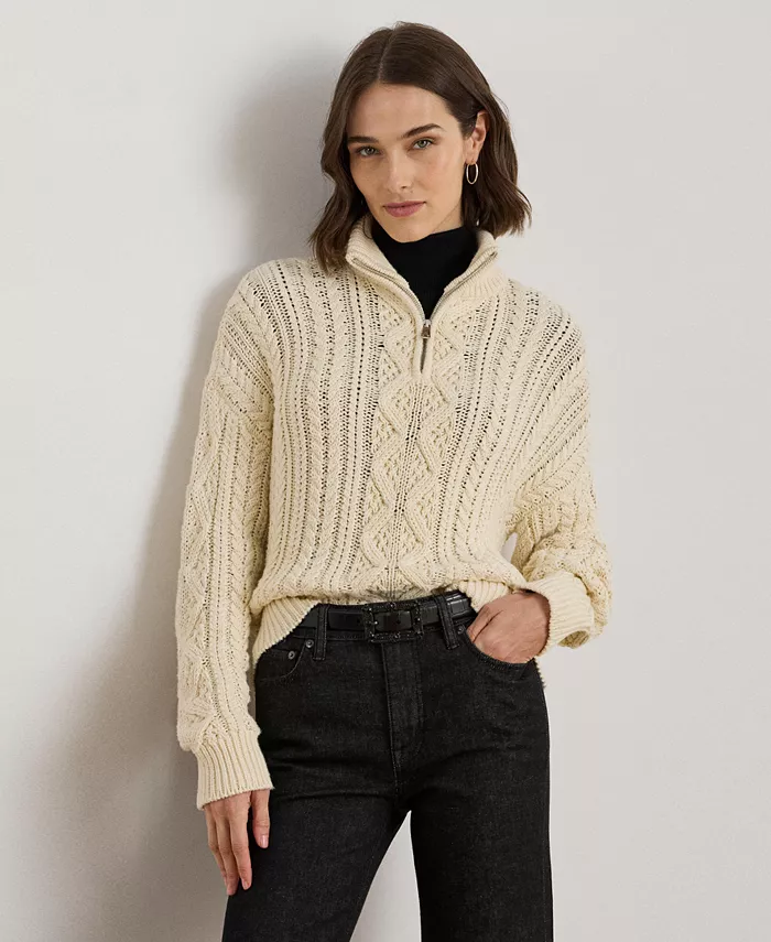 Женская аранская вязка хлопковая пуловер с четвертью молнией Lauren Ralph Lauren, белый
Женская аранская вязка хлопковая пуловер с четвертью молнией Lauren Ralph Lauren, белый