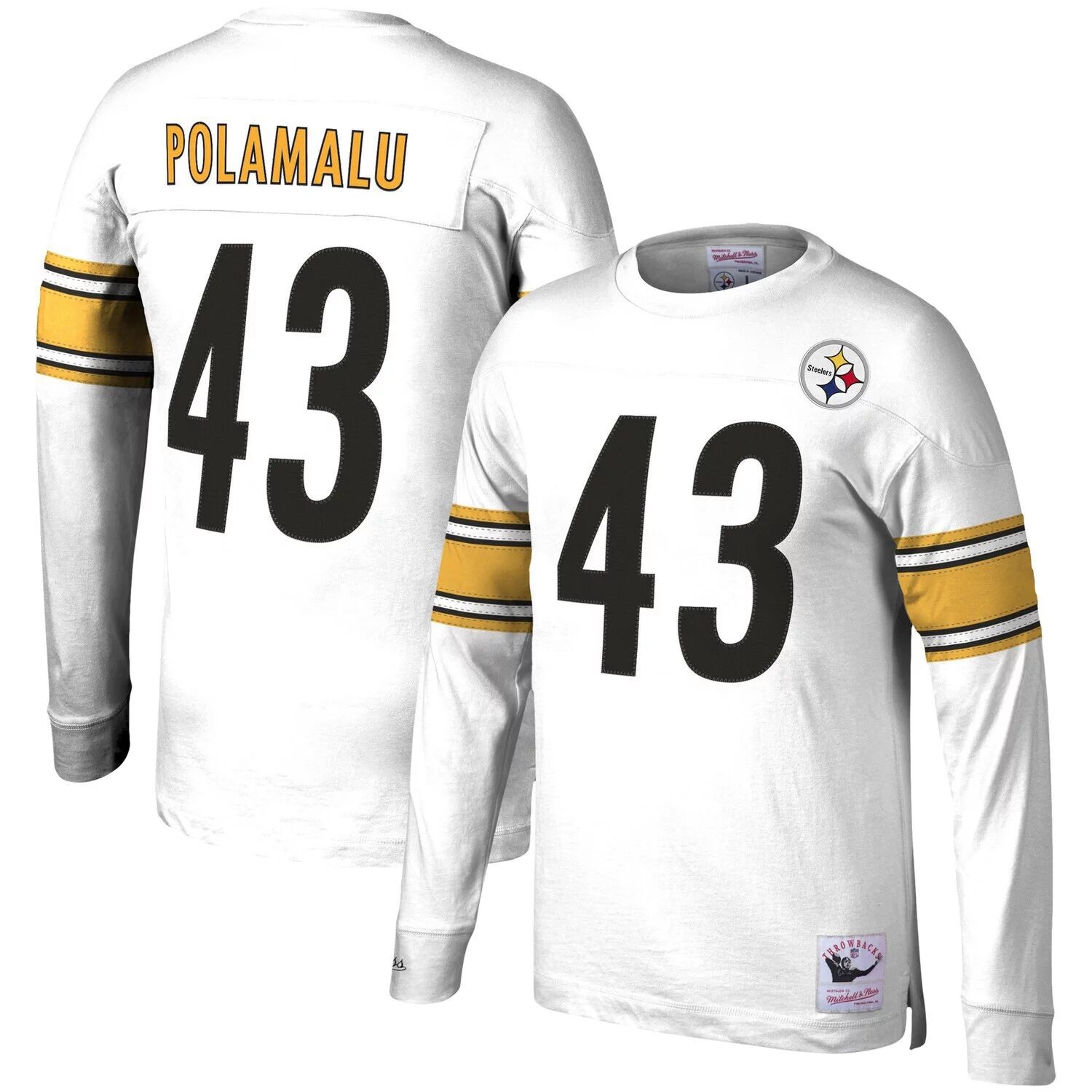 Мужская футболка Mitchell & Ness Troy Polamalu White Pittsburgh Steelers 2007 с именем и номером игрока, вышедшего на пенсию, с длинным рукавом