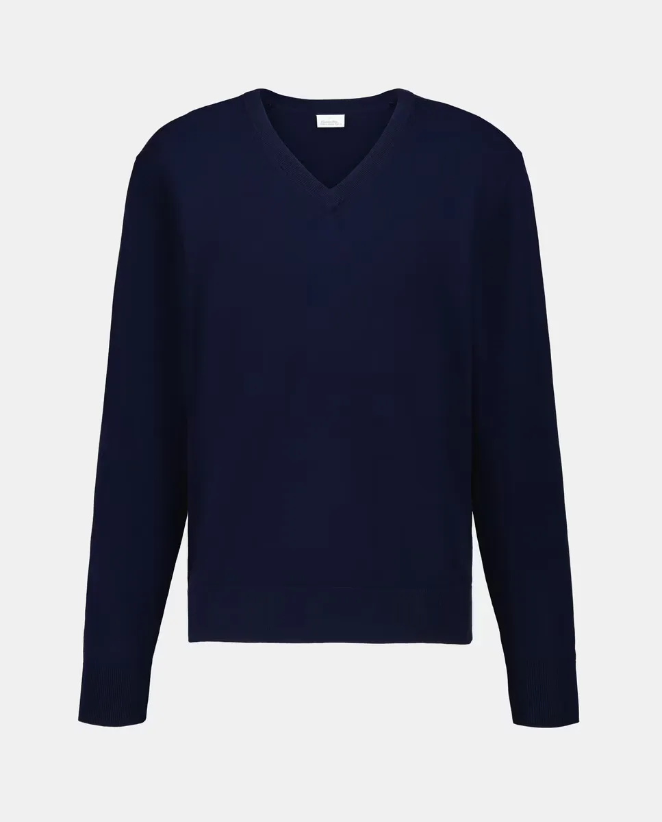 Мужской джемпер с V-образным вырезом из гладкой мериносовой шерсти Emidio Tucci, темно-синий 
Мужской джемпер с V-образным вырезом из гладкой мериносовой шерсти Emidio Tucci, темно-синий