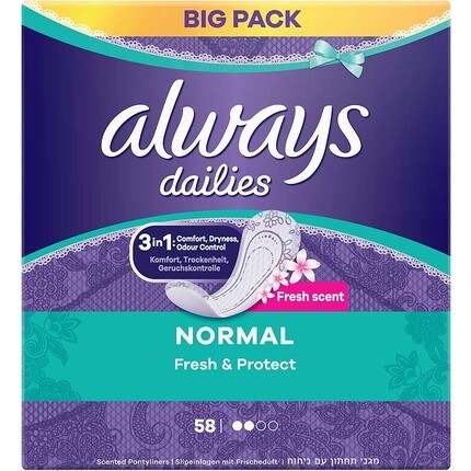 Прокладки для трусов Always Dailies Fresh и Protect Normal Fresh, 58 шт.
Прокладки для трусов Always Dailies Fresh и Protect Normal Fresh, 58 шт.