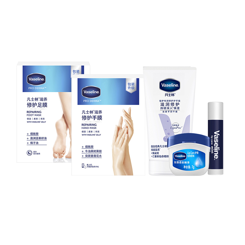 Набор для ухода: бальзам для губ, крем для рук и ног, маски для рук и ног, восстанавливающий и успокаивающий комплект из 4 предметов Vaseline, original flavor 3.5g+original flavor 7g+refreshing scent hand cream+hand & foot masks
Набор для ухода: бальзам для губ, крем для рук и ног, маски для рук и ног, восстанавливающий и успокаивающий комплект из 4 предметов Vaseline, original flavor 3.5g+original flavor 7g+refreshing scent hand cream+hand & foot masks