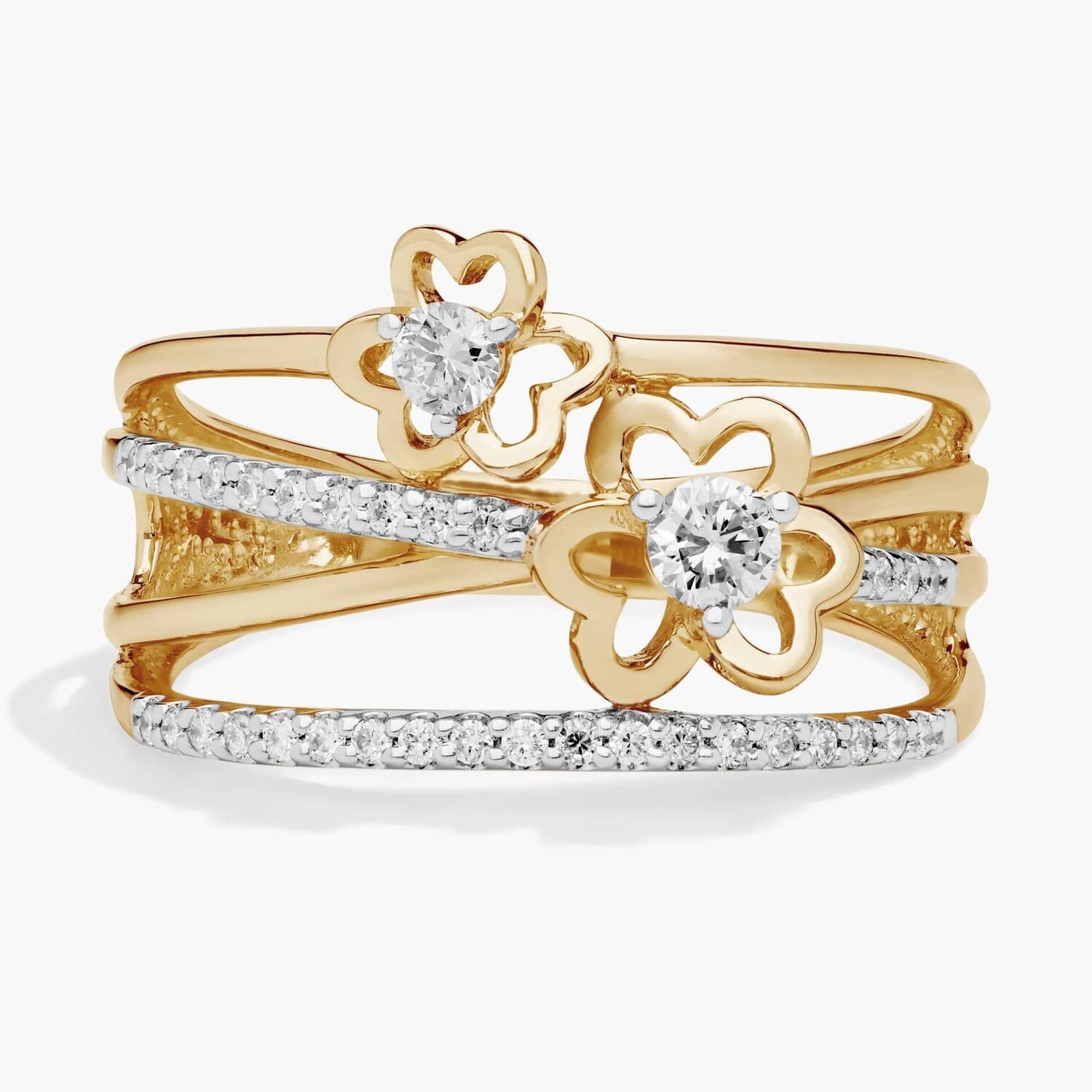 Кольцо с 4 рядами лепестков сердца и бриллиантов из желтого золота 14 карат (1/3 карата). Blue Nile