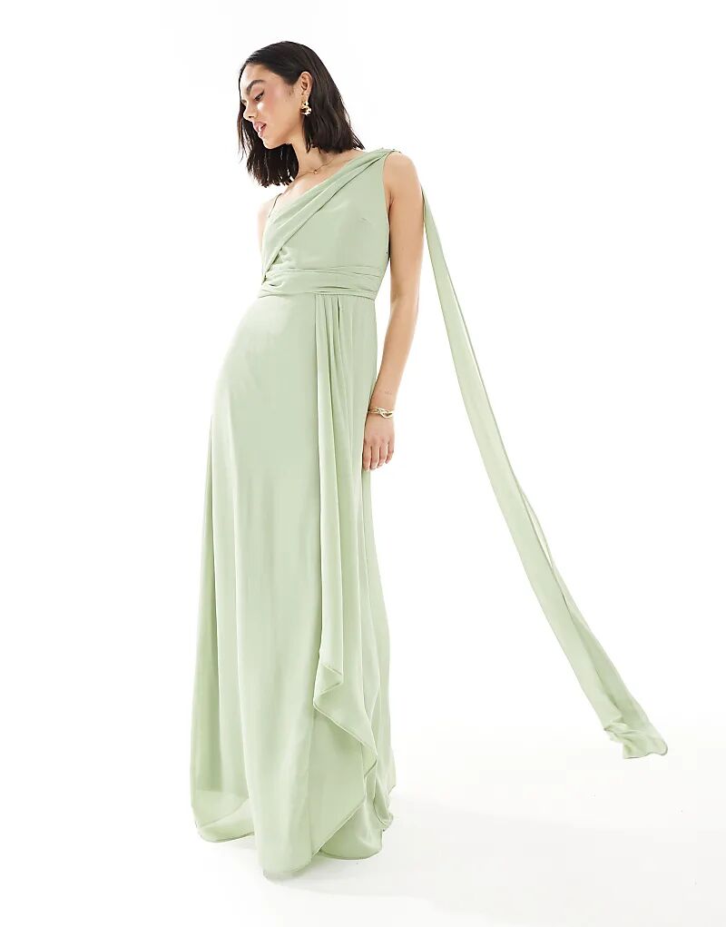 Платье макси для подружек невесты TFNC с драпировкой на одно плечо и юбкой-халатом в цвете шалфейно-зеленый