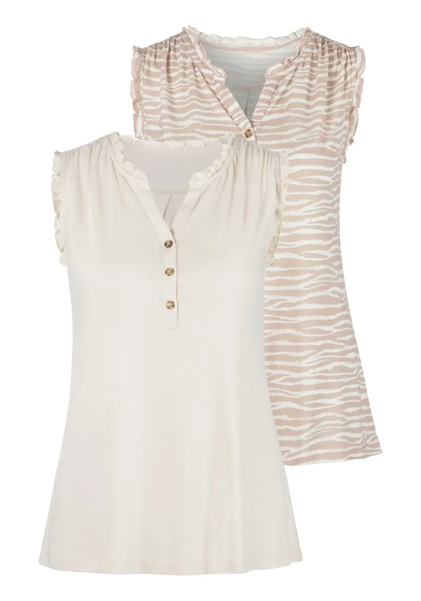 Топ LASCANA с рюшами (2 шт. в упаковке), с рюшами и пуговицами в виде рога, бежевый
Топ LASCANA с рюшами (2 шт. в упаковке), с рюшами и пуговицами в виде рога, бежевый