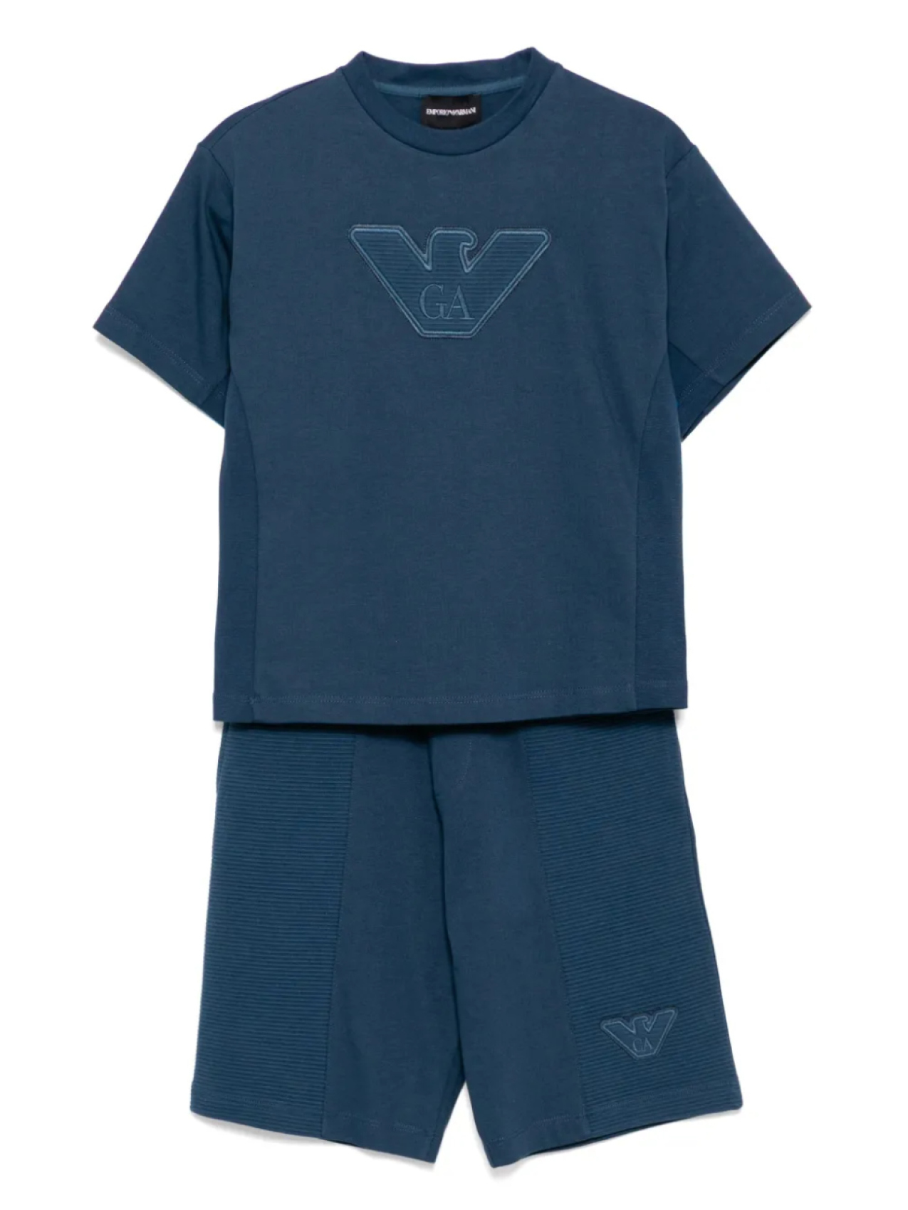Комплект из футболки и шортов с логотипом Emporio Armani Kids, синий 
Комплект из футболки и шортов с логотипом Emporio Armani Kids, синий