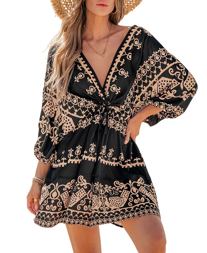 Женское мини-пляжное платье Santorini Breeze с орнаментом Cupshe, черный 
Женское мини-пляжное платье Santorini Breeze с орнаментом Cupshe, черный