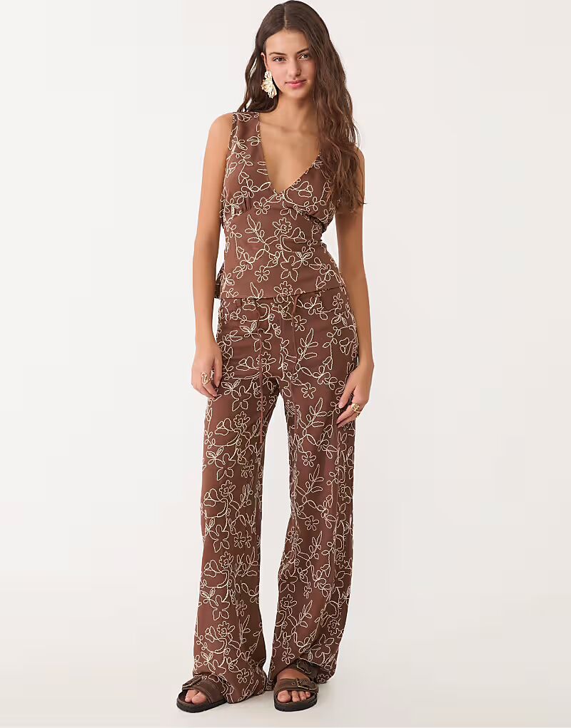 Брюки прямого кроя Stradivarius из льняной смеси с вышивкой коричневого цвета 
Брюки прямого кроя Stradivarius из льняной смеси с вышивкой коричневого цвета