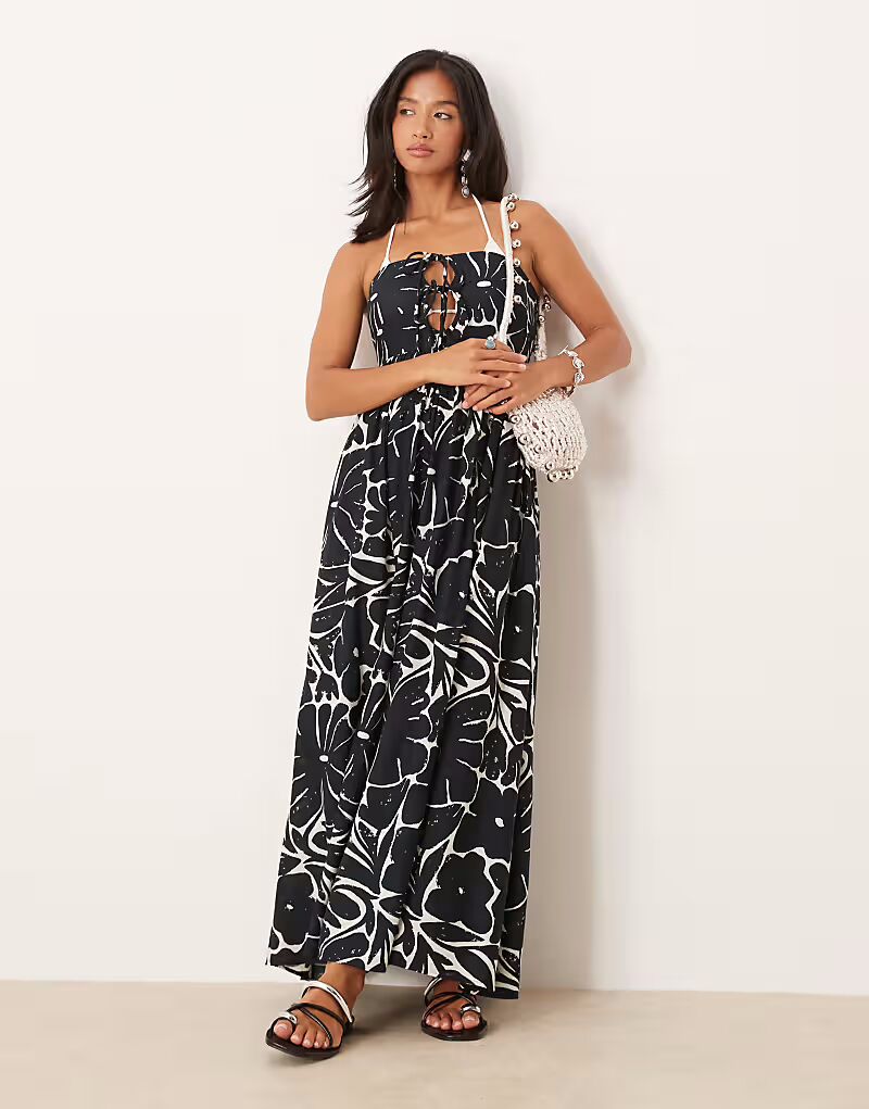 ASOS DESIGN Petite bandeau макси пляжное платье со шнуровкой и льном в монохромном цветочном стиле