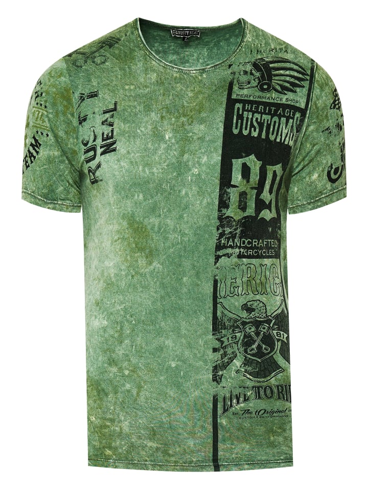 Стираная байкерская футболка цвета хаки с принтами спереди и сзади Rusty Neal
Стираная байкерская футболка цвета хаки с принтами спереди и сзади Rusty Neal