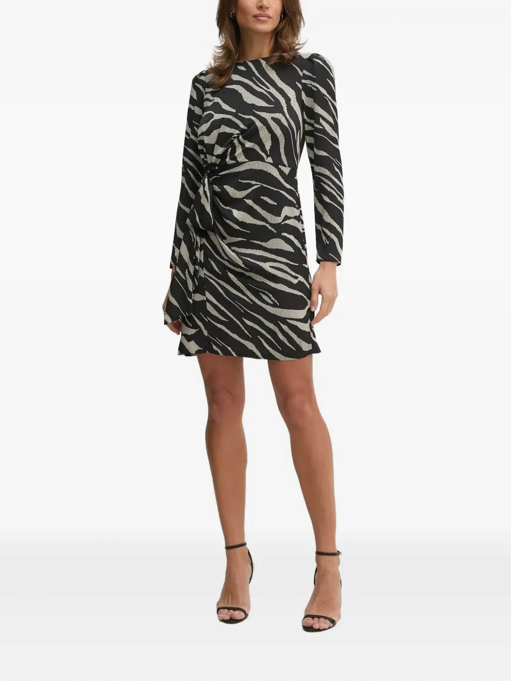 Платье мини с объемными рукавами и зебровым принтом DKNY, черный 
Платье мини с объемными рукавами и зебровым принтом DKNY, черный
