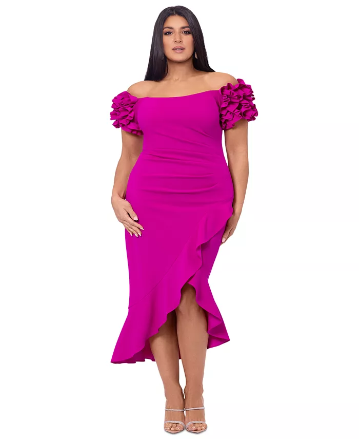 Плюс сайз платье миди с рюшами и открытыми плечами XSCAPE, розовый
Плюс сайз платье миди с рюшами и открытыми плечами XSCAPE, розовый