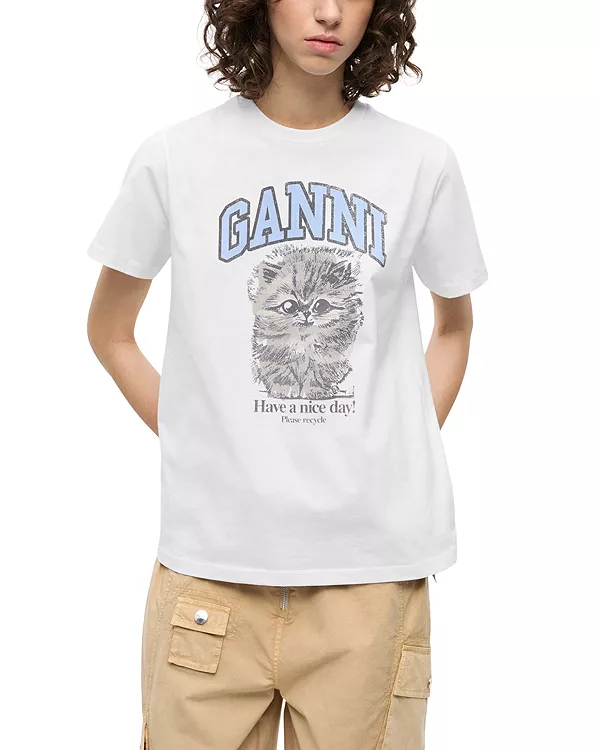 Свободная трикотажная футболка с изображением кошки Ganni, белый
Свободная трикотажная футболка с изображением кошки Ganni, белый