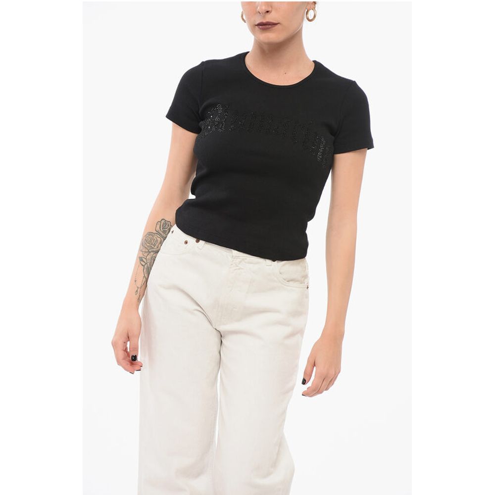 Укороченная футболка в рубчик с логотипом из стразов Blumarine, Black
Укороченная футболка в рубчик с логотипом из стразов Blumarine, Black