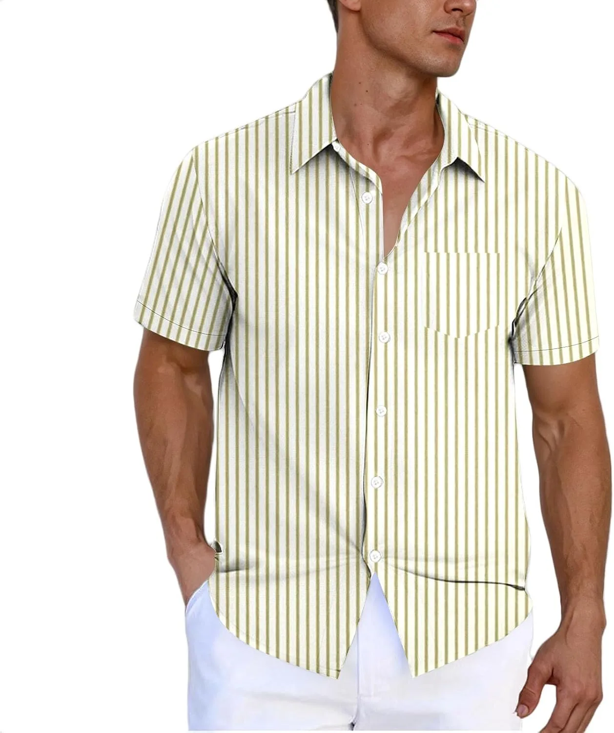 Мужская полосатая рубашка с коротким рукавом и карманом
Мужская полосатая рубашка с коротким рукавом и карманом