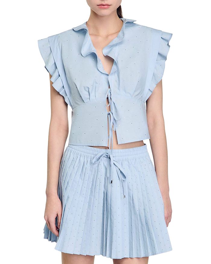 Короткая блуза с рюшами и стразами Sandro, синий 
Короткая блуза с рюшами и стразами Sandro, синий