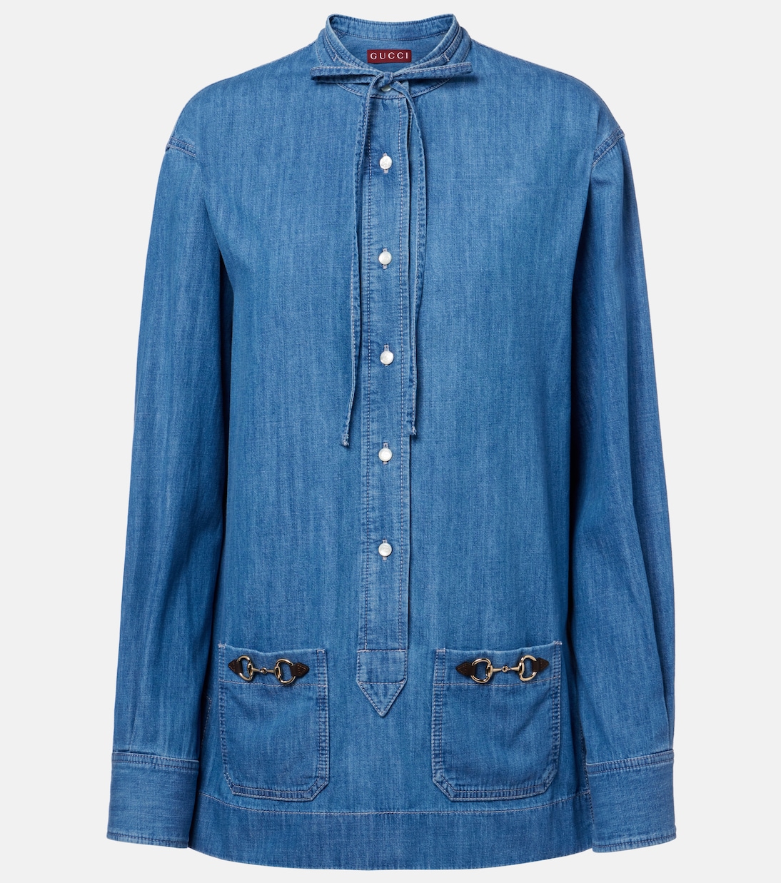 Джинсовая рубашка с кожаной отделкой Horsebit Gucci, светло-синий
Джинсовая рубашка с кожаной отделкой Horsebit Gucci, светло-синий