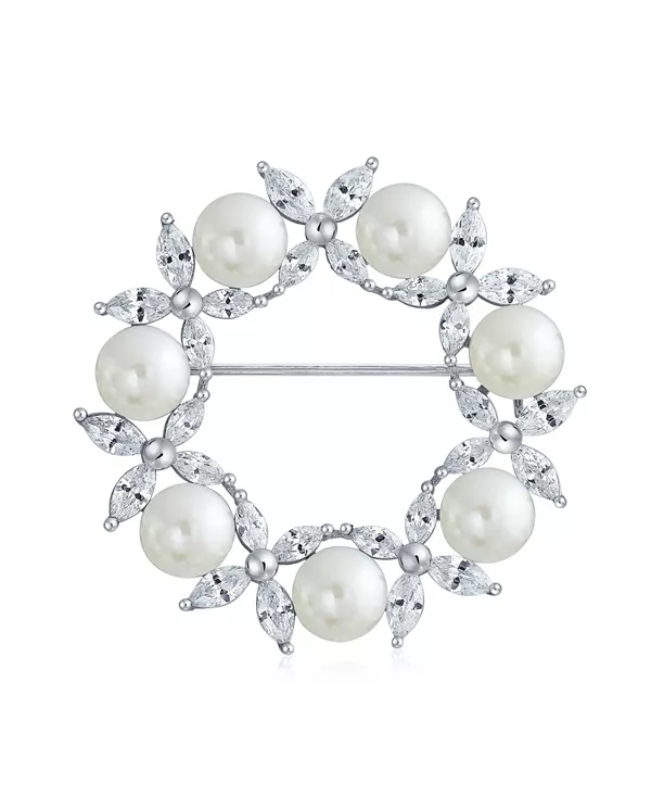 Элегантная праздничная брошь-булавка для шарфа с белыми кубическими цирконами круглой формы 8 мм, имитацией жемчуга, в форме маркиза Bling Jewelry, clear