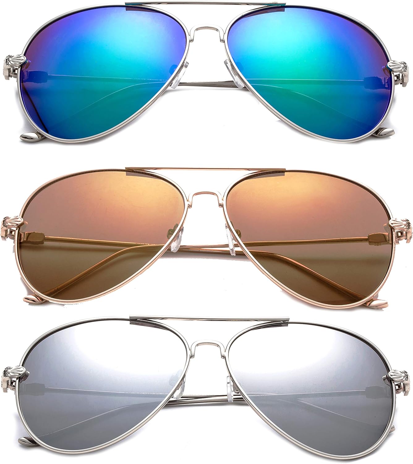 Комплект из 3 солнцезащитных очков-авиаторов Newbee Fashion в металлической оправе для мужчин и женщин, зеркальные линзы с защитой от УФ-излучения UV400, цельнометаллические дужки, 3 Pack Green, Gold & Mirror
Комплект из 3 солнцезащитных очков-авиаторов Newbee Fashion в металлической оправе для мужчин и женщин, зеркальные линзы с защитой от УФ-излучения UV400, цельнометаллические дужки, 3 Pack Green, Gold & Mirror