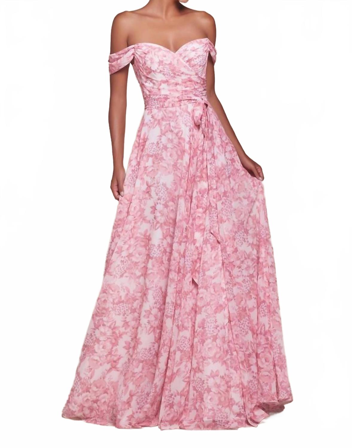Платье Bethany для выпускного вечера с цветочным принтом, линия А-силуэта, с открытыми плечами, в розовом цвете Cinderella Divine