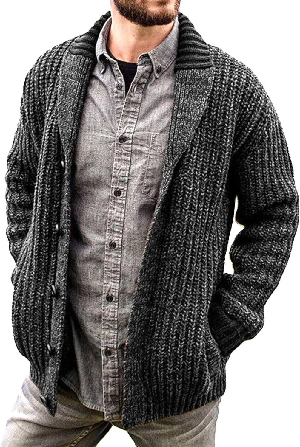 Мужской кардиган с воротником шаль и карманами
Мужской кардиган с воротником шаль и карманами