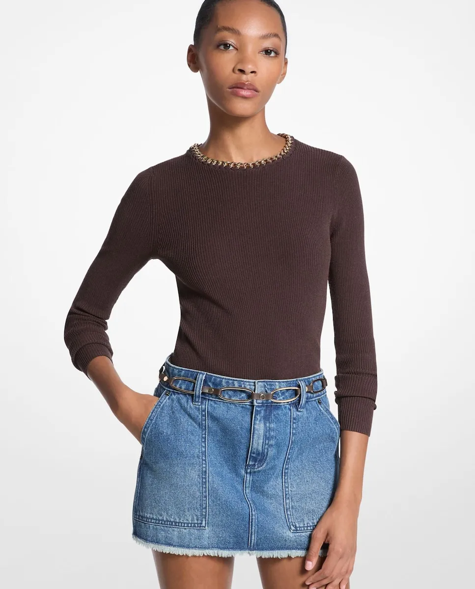 Женский облегающий свитер с цепочкой на воротнике Michael Michael Kors, шоколадный коричневый
Женский облегающий свитер с цепочкой на воротнике Michael Michael Kors, шоколадный коричневый