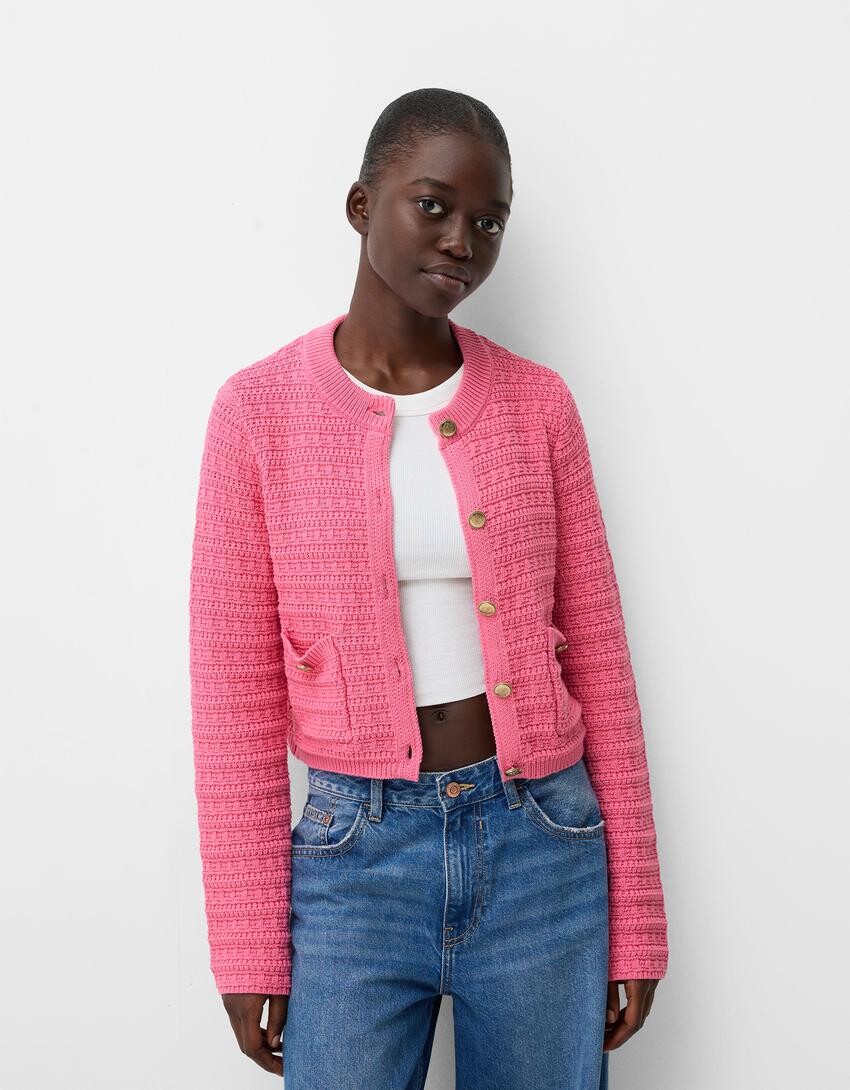 Фактурный кардиган с круглым вырезом Bershka, розовый 
Фактурный кардиган с круглым вырезом Bershka, розовый