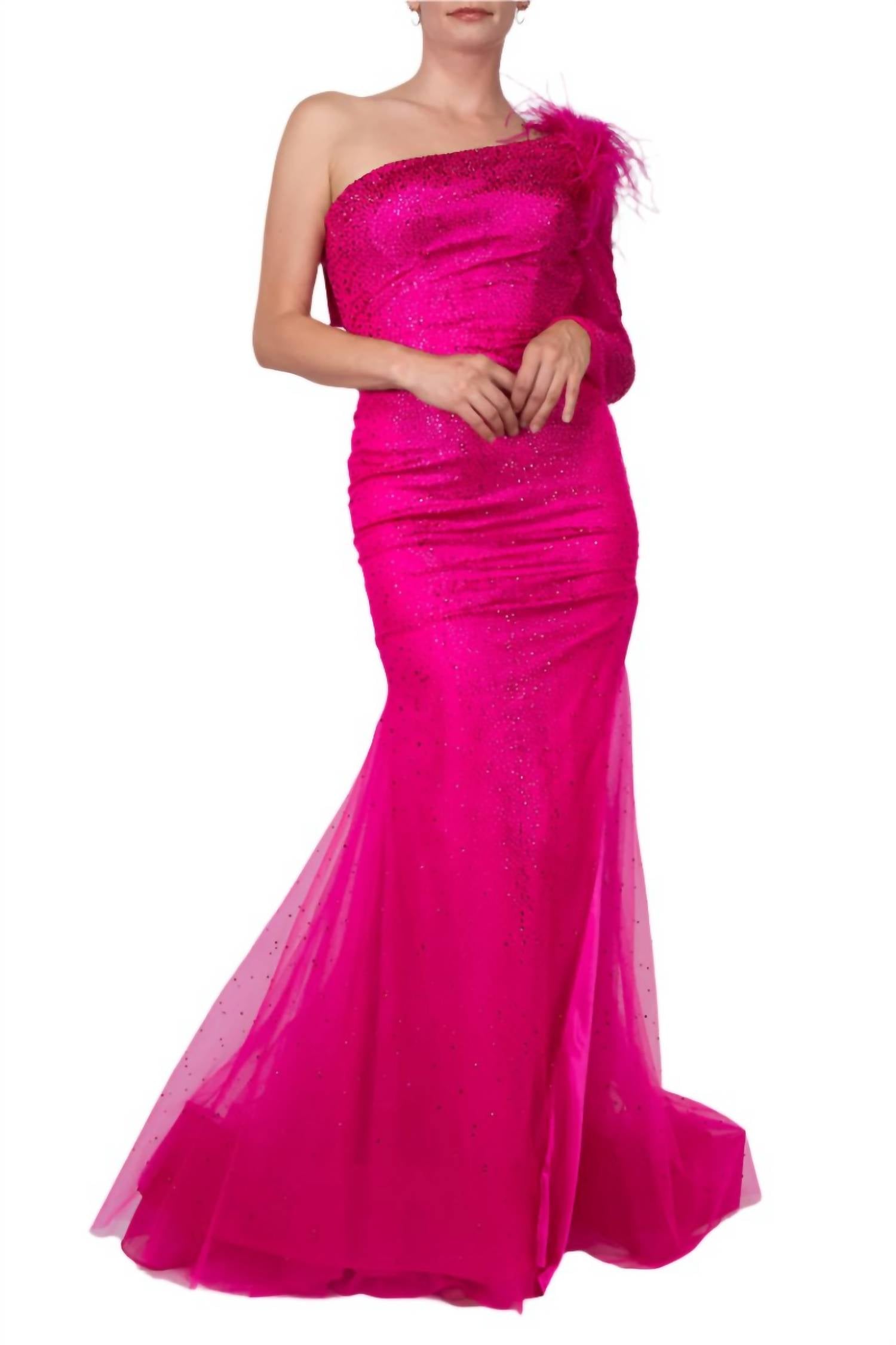 COLORS DRESS Платье-русалка на одно плечо, с сетчатыми вставками, длинными рукавами и перьями, ярко-розового цвета
COLORS DRESS Платье-русалка на одно плечо, с сетчатыми вставками, длинными рукавами и перьями, ярко-розового цвета