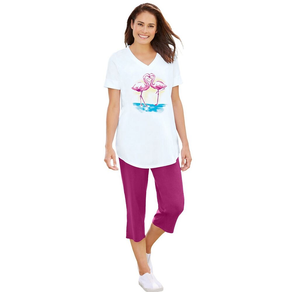 Женщина в женской тунике больших размеров из двух частей с v-образным вырезом и капри Woman Within, цвет Flamingo Love
Женщина в женской тунике больших размеров из двух частей с v-образным вырезом и капри Woman Within, цвет Flamingo Love