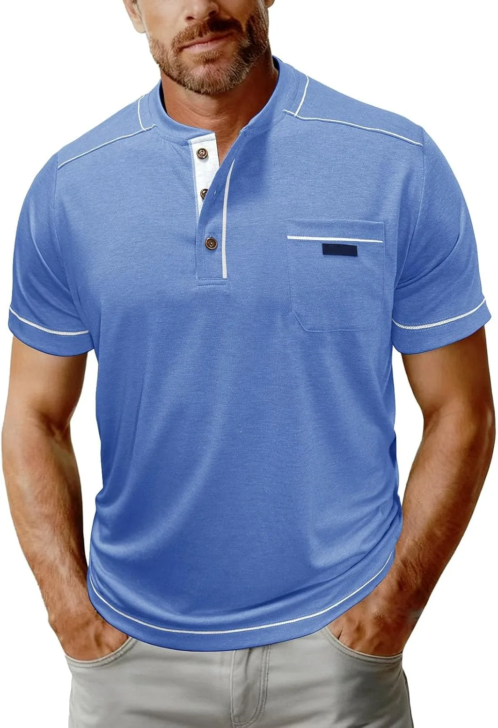 Мужская футболка хенли с v-образным вырезом и пуговицами
Мужская футболка хенли с v-образным вырезом и пуговицами