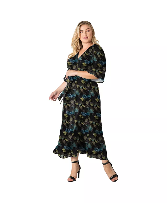 Плюс сайз V-образный вырез кимоно с принтом макси-платье на запах Standards & Practices, черный