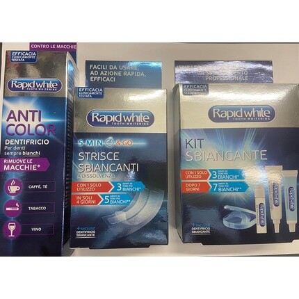 Зубная паста Rapid White Anti-Color, отбеливающие полоски и набор для отбеливания для удаления пятен от табака и кофе Generico
Зубная паста Rapid White Anti-Color, отбеливающие полоски и набор для отбеливания для удаления пятен от табака и кофе Generico