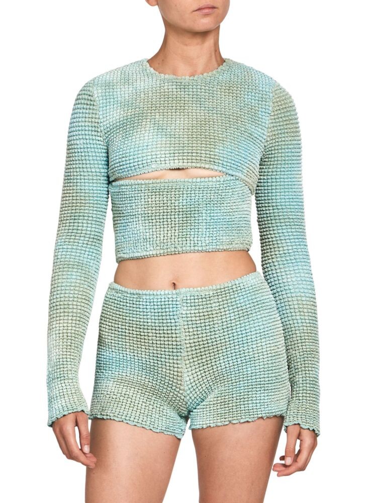 Укороченный топ вафельной вязки с принтом тай-дай Off-White, цвет Light Blue
Укороченный топ вафельной вязки с принтом тай-дай Off-White, цвет Light Blue