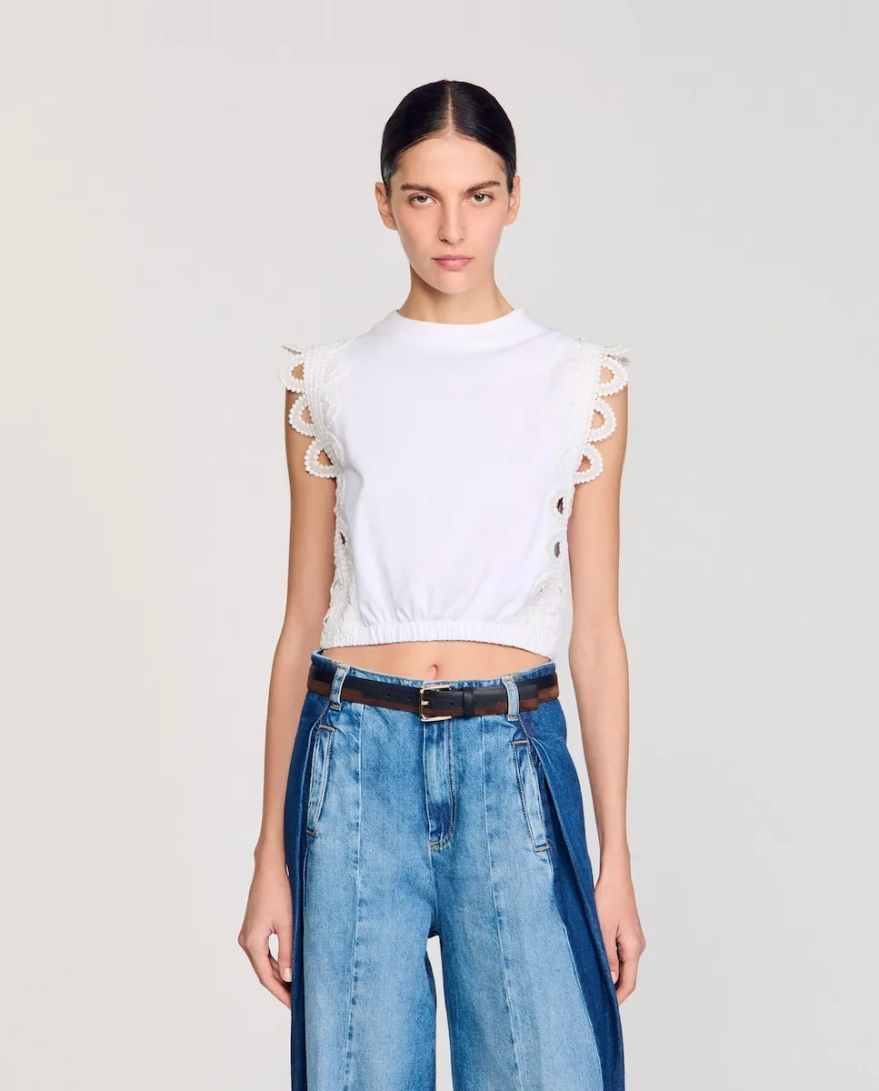 Женская укороченная футболка с кружевными деталями Sandro, белый
Женская укороченная футболка с кружевными деталями Sandro, белый