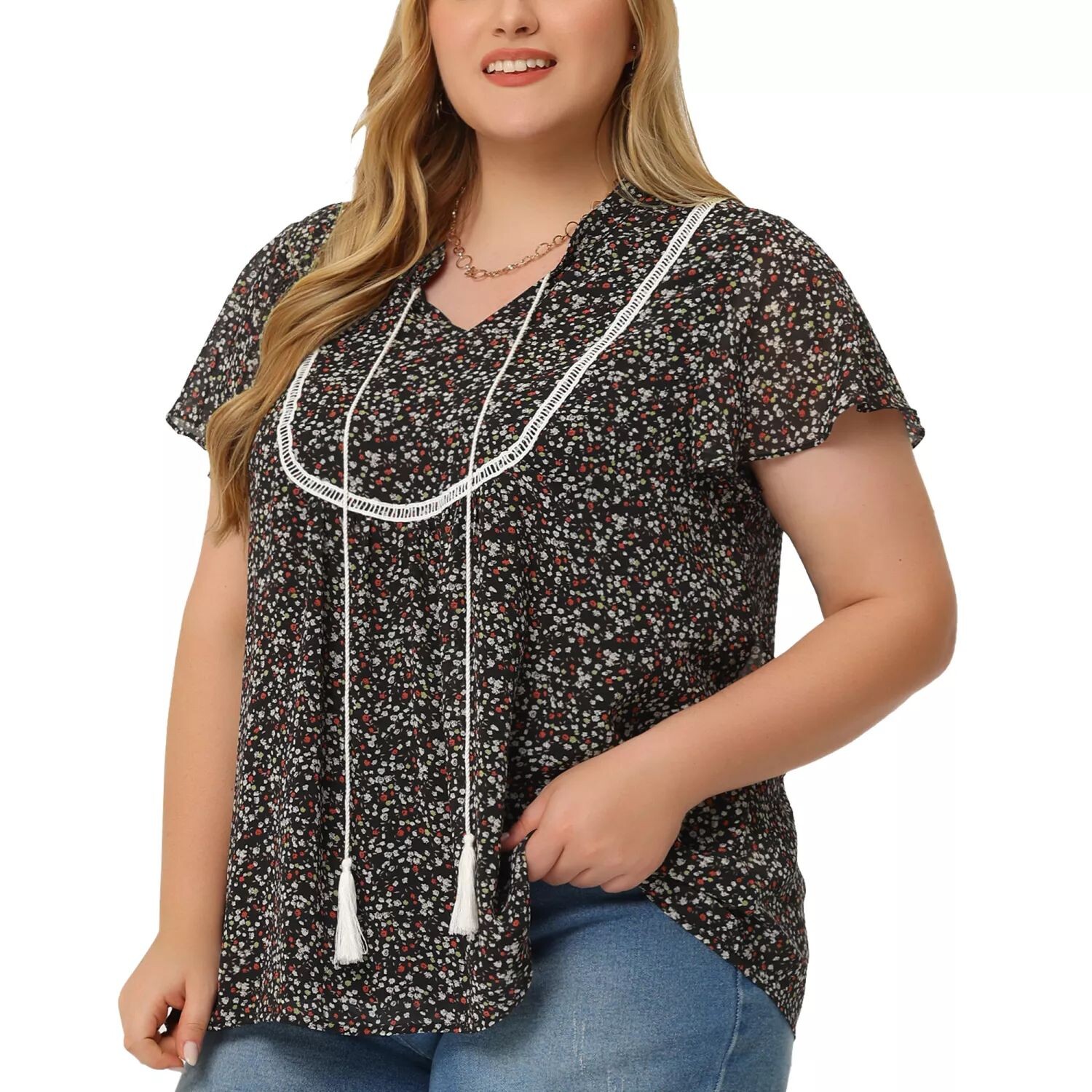 Женская блузка больших размеров с рюшами на рукавах и кружевной отделкой с завязками на шее Крестьянский топ Agnes Orinda, черный 
Женская блузка больших размеров с рюшами на рукавах и кружевной отделкой с завязками на шее Крестьянский топ Agnes Orinda, черный