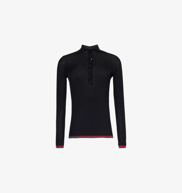 Трикотажный топ из смеси кашемира и шелка с воротником-поло и полосатой отделкой Gucci, черный
Трикотажный топ из смеси кашемира и шелка с воротником-поло и полосатой отделкой Gucci, черный