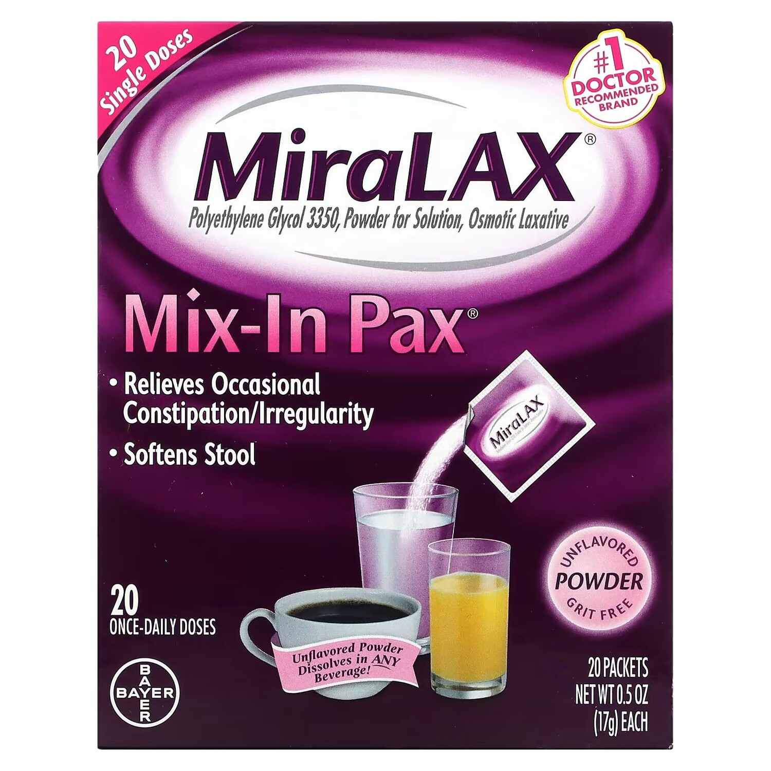 Mix-In Pack, без песчинок, без ароматизаторов, 20 пакетов по 0,5 унции (17 г) каждый Miralax
Mix-In Pack, без песчинок, без ароматизаторов, 20 пакетов по 0,5 унции (17 г) каждый Miralax